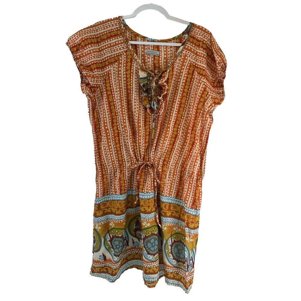 World Market Cotton Dress Cap Sleeve Orange Pattern Boho Drawstring Short L/XL